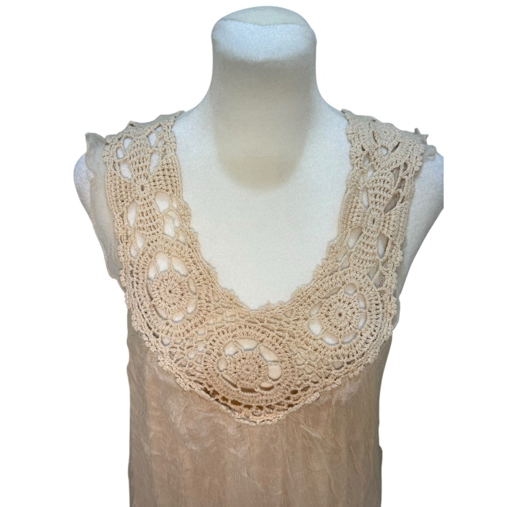 Vintage Y2K Boho Crochet Lace Babydoll Tank Top Women M Silk Beige Festival - Picture 3 of 13